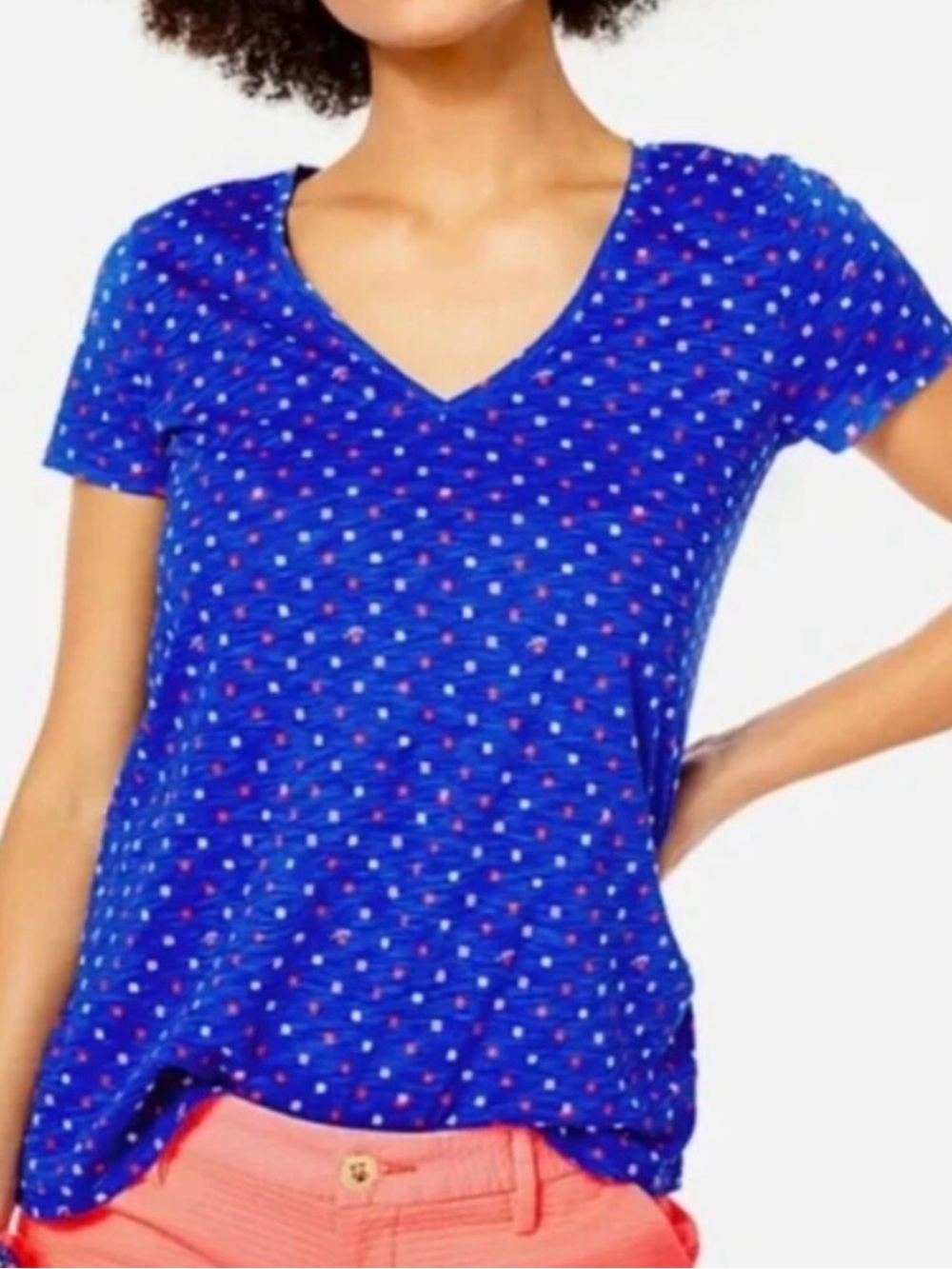 Lilly Pulitzer Etta V-Neck Top Borealis Blue Lilly Squared Slub Jersey Tee M NWT